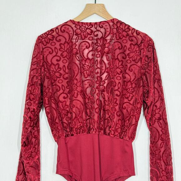Velvet Burnout Bodysuit M Red Floral Lace Plunge V-Neck Long Sleeve Whimsygoth - Picture 5 of 9
